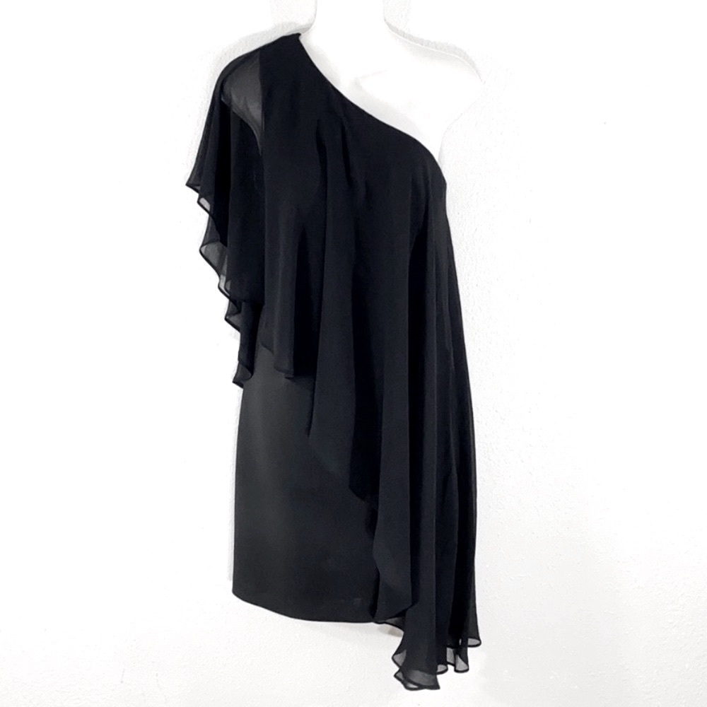 Calvin Klein black one shoulder sheer drape dress